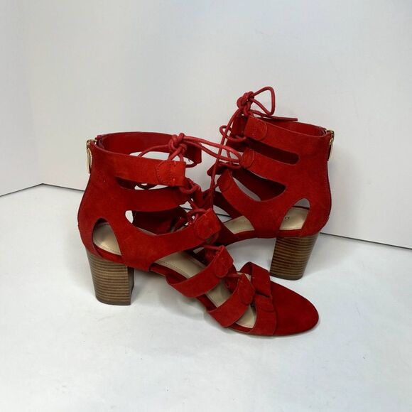 Marc Fisher Red Leather Suede Strappy Lace Heeled Sandals Zip Womens Designer - Picture 8 of 8